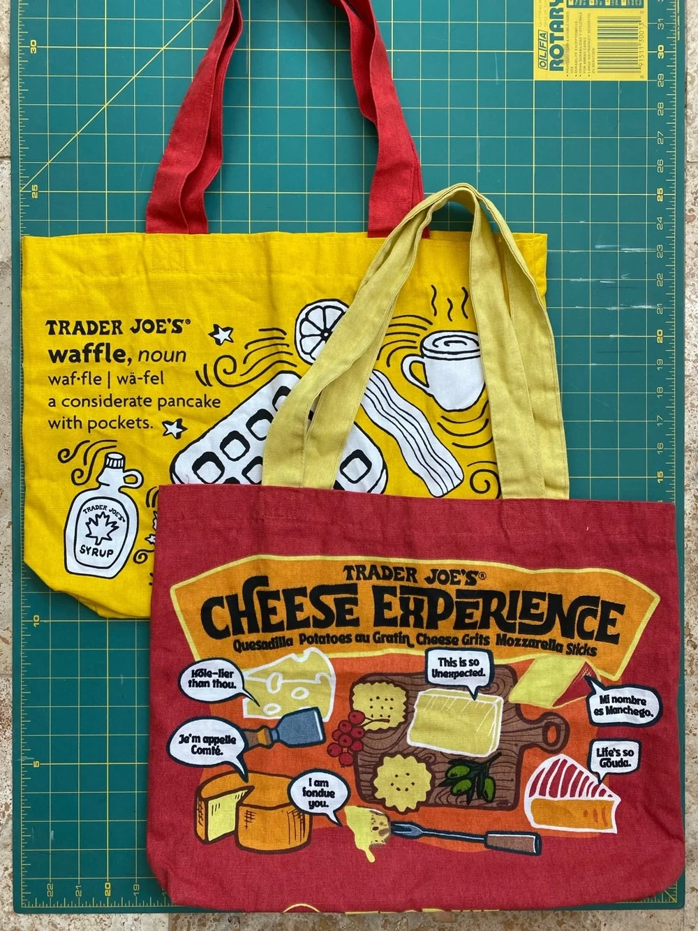 (2) Trader Joe’s Cloth Tote bags: Cheese Adventures & Waffles Toast Milk - Picture 2 of 13